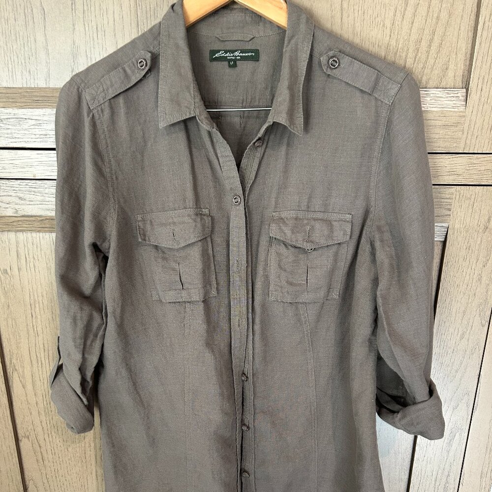 Eddie Bauer Linen/Cotton Button-up Shirt Army Green Ladies Size LT